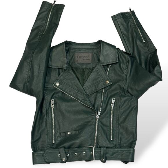 CiSono by Cavalini Green Vegan Leather Moto Jacket Medium Hunter Green Jacket - Picture 6 of 16